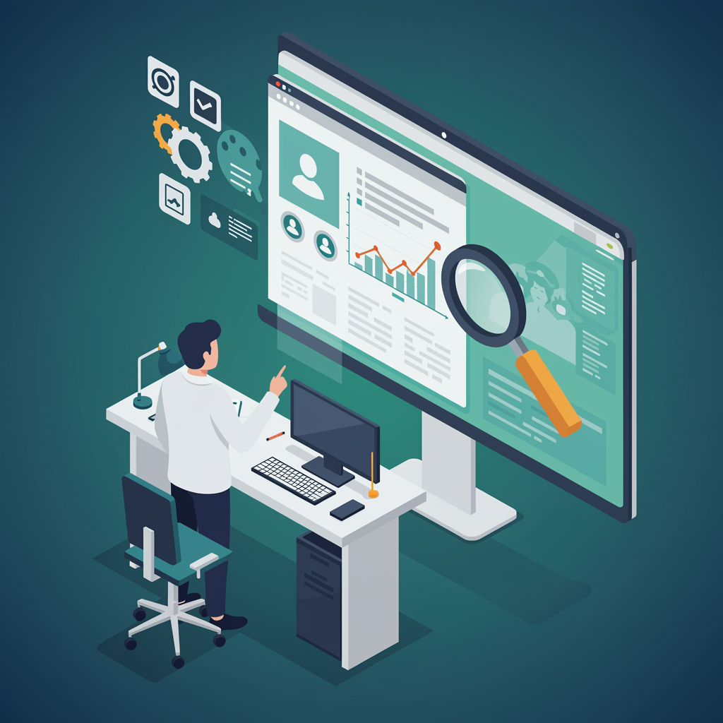 "Ilustración isométrica de un consultor SEO en una oficina moderna, mostrando en una pantalla digital las mejores prácticas de SEO para startups y PYMEs."