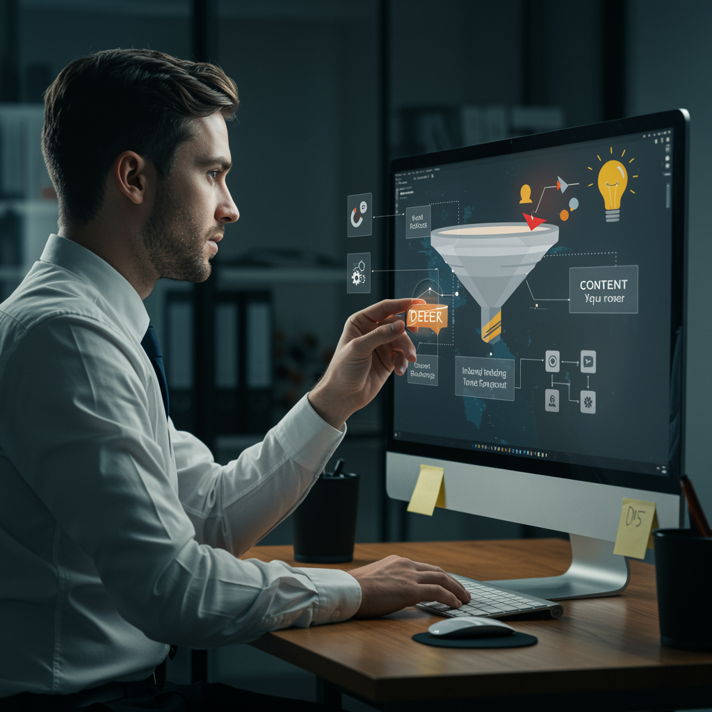 "Especialista en marketing creando un embudo de marketing digital en un moderno espacio de trabajo español, con elementos visuales como bloques de contenido, imanes para atraer leads y diagramas de flujo."