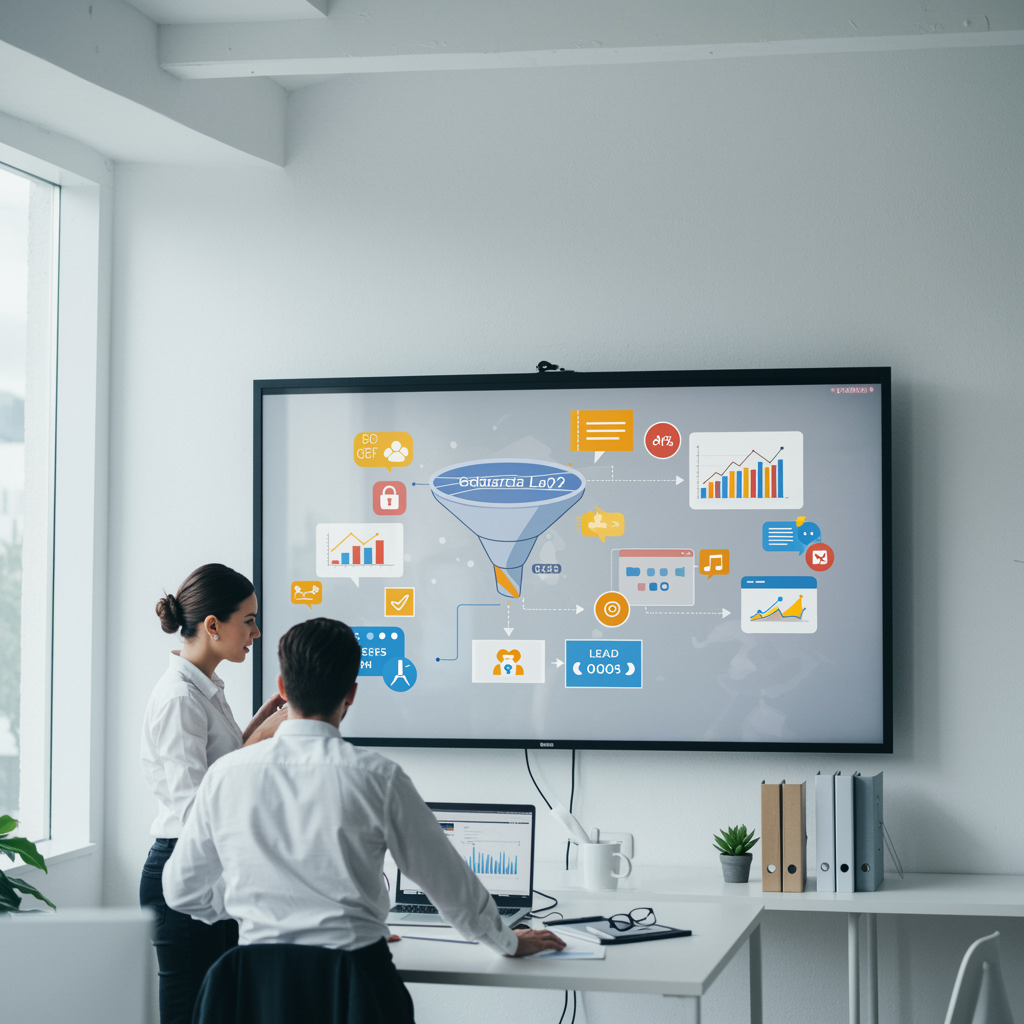 "Ilustración moderna de profesionales de marketing analizando un embudo de marketing digital en una oficina minimalista, destacando flujos de trabajo estratégicos y elementos de marca de Eduarda La2."