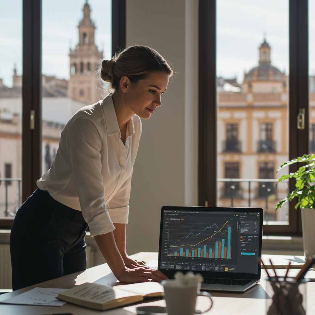 "Imagen hiperrealista de una empresaria blanca en una oficina moderna en Sevilla, destacando el éxito del marketing digital con gráficos de análisis y dashboards en su laptop."