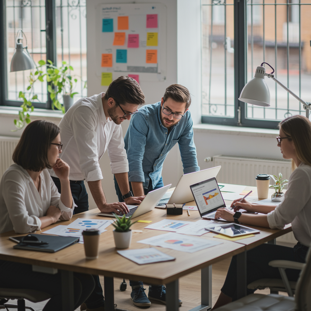 "Equipo de marketing profesional en oficina moderna de Sevilla colaborando en estrategias digitales con laptops y documentos analíticos."