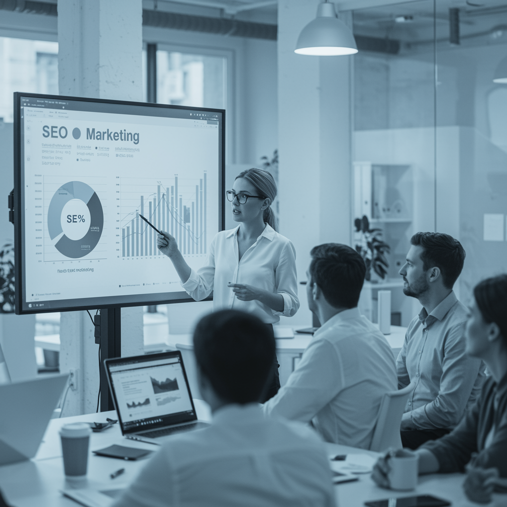 "Imagen de una mujer empresaria presentando gráficos de SEO y marketing a propietarios de pequeños negocios en una oficina moderna, ideal para un blog de marketing digital."