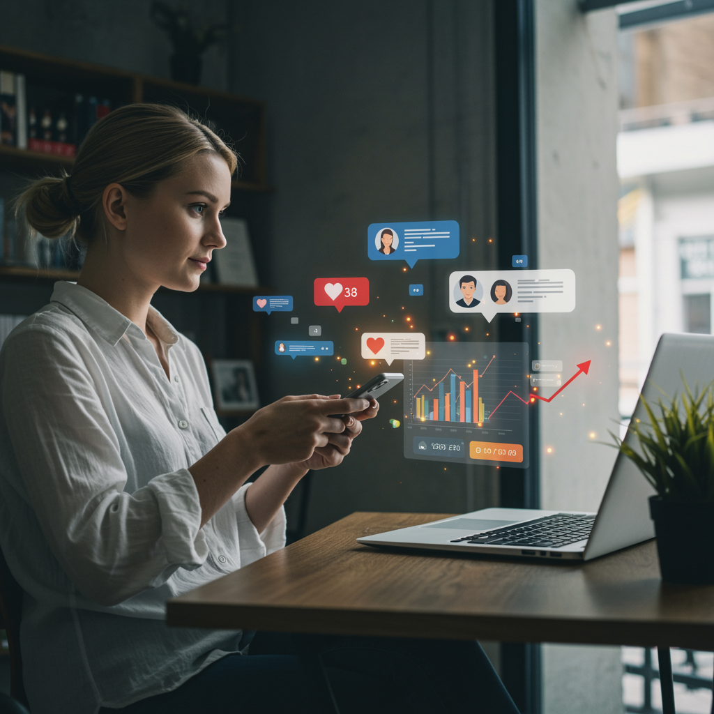 "Ilustración estilizada de un gestor de redes sociales optimizando perfiles en smartphone y laptop, con métricas de compromiso en aumento en un espacio de co-working urbano."