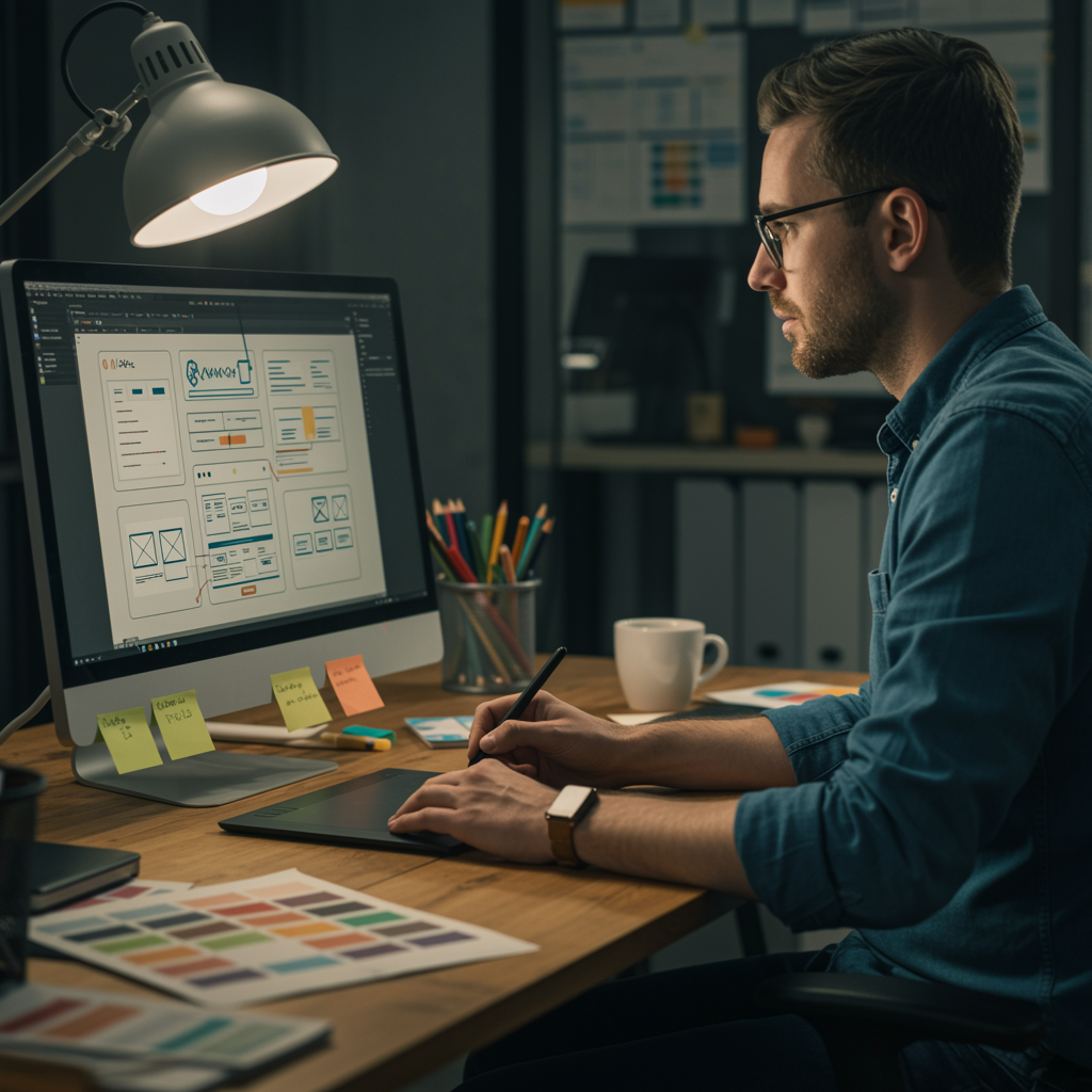 "Diseñador UI/UX blanco trabajando en bocetos de wireframes y maquetas de color en un monitor grande, en un estudio acogedor con herramientas de diseño y libro de estilo."