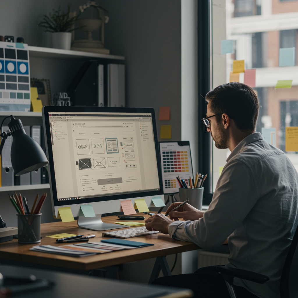 "Ilustración de un diseñador web trabajando en un monitor grande, creando un boceto de página con wireframes, muestras de color y herramientas de diseño en un estudio minimalista y luminoso."