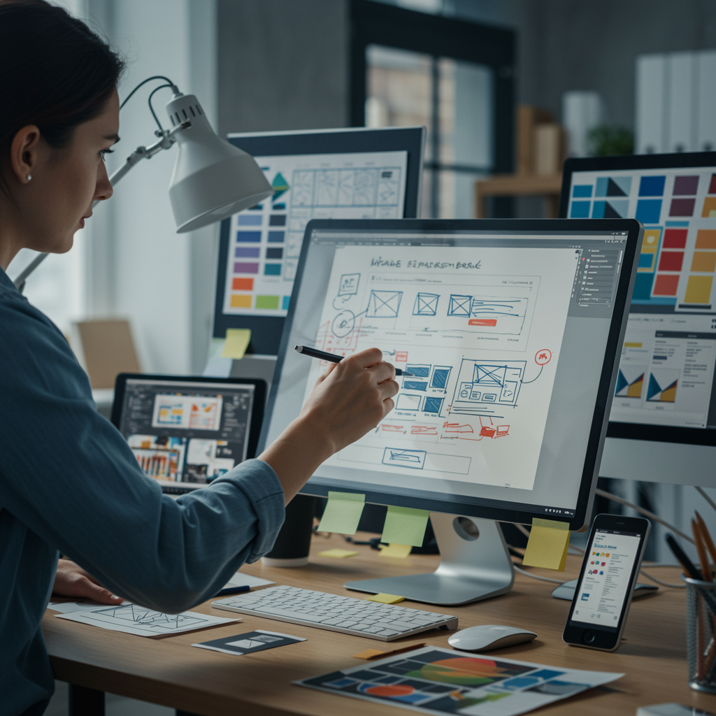 "Ilustración de un diseñador web creando wireframes en un monitor táctil, destacando el diseño web creativo y centrado en el usuario en un entorno moderno."