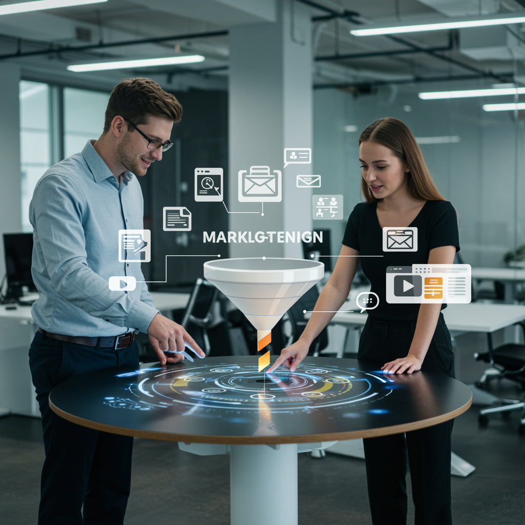 "Colaboración en marketing de contenidos: profesionales analizando un embudo de marketing en una mesa táctil, con íconos de artículos, videos y redes sociales en un entorno de oficina moderna."