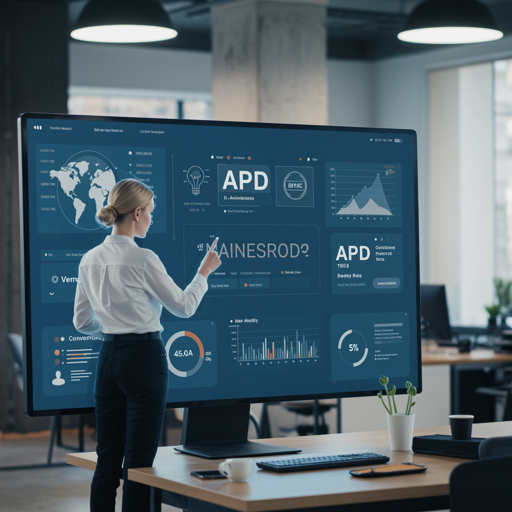 "Ilustración digital de una mujer marketero analizando publicidad en línea en una pantalla táctil en un entorno de oficina moderna, destacando gráficos de CPC y tasas de conversión."