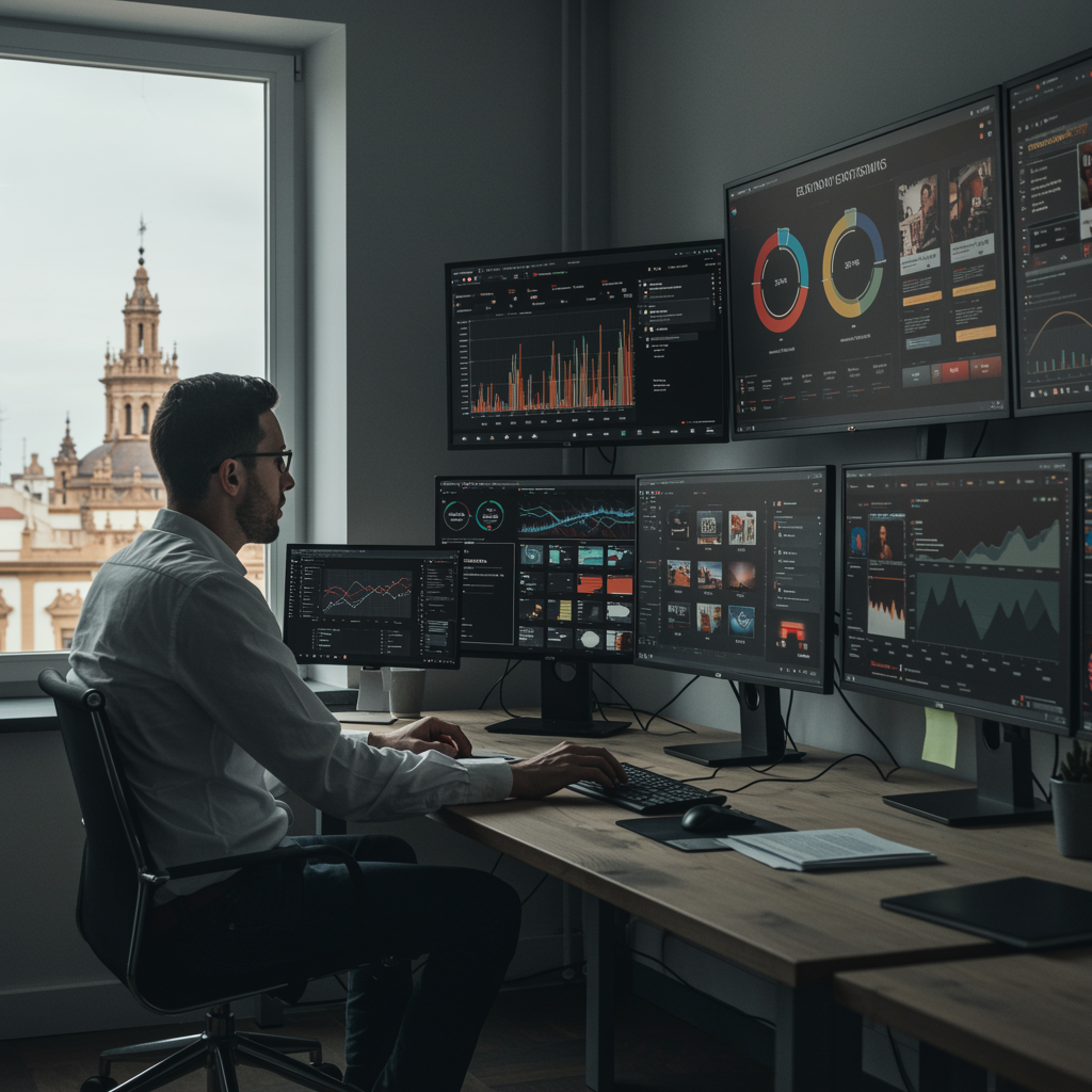 "Experto en publicidad online analizando campañas en tiempo real en múltiples pantallas, con gráficos y paneles de seguimiento de presupuesto en una oficina moderna con vista al skyline de Sevilla."