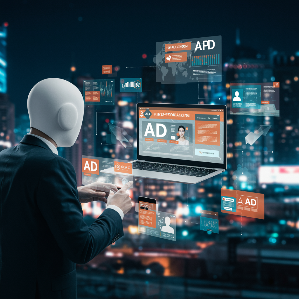 "Gráfica impactante de un marketer digital lanzando campañas publicitarias en línea con laptops, smartphones y vallas digitales en un entorno futurista, destacando la publicidad online precisa para startups y pymes."