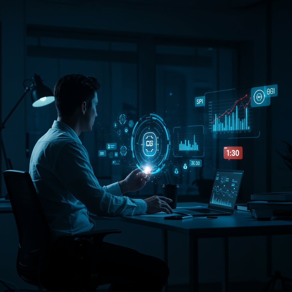 "Ilustración vectorial futurista de un analista de negocios observando gráficos holográficos y tecnologías emergentes como IA y blockchain en un espacio de trabajo moderno y oscuro."