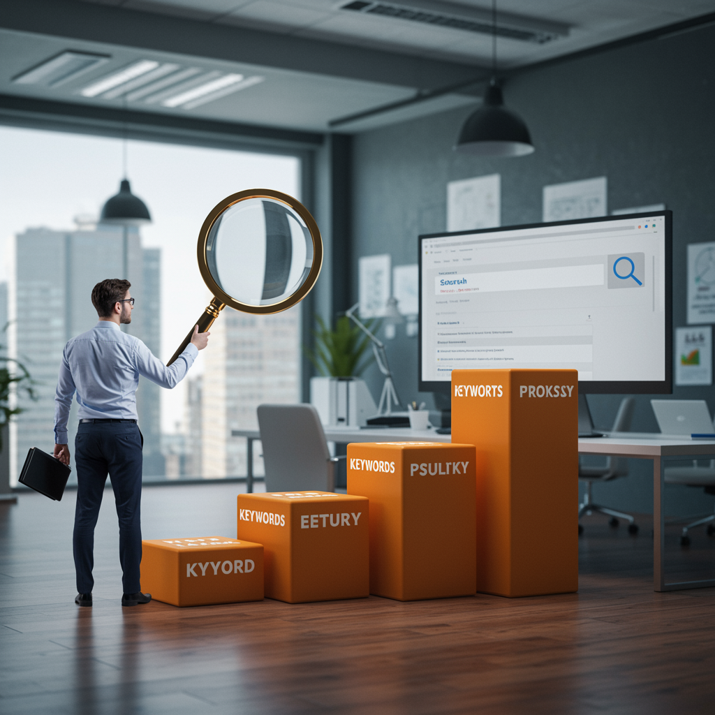 "Ilustración estilizada de un experto en SEO blanco analizando resultados de búsqueda, junto a bloques 3D de palabras clave en un entorno de oficina minimalista y profesional."