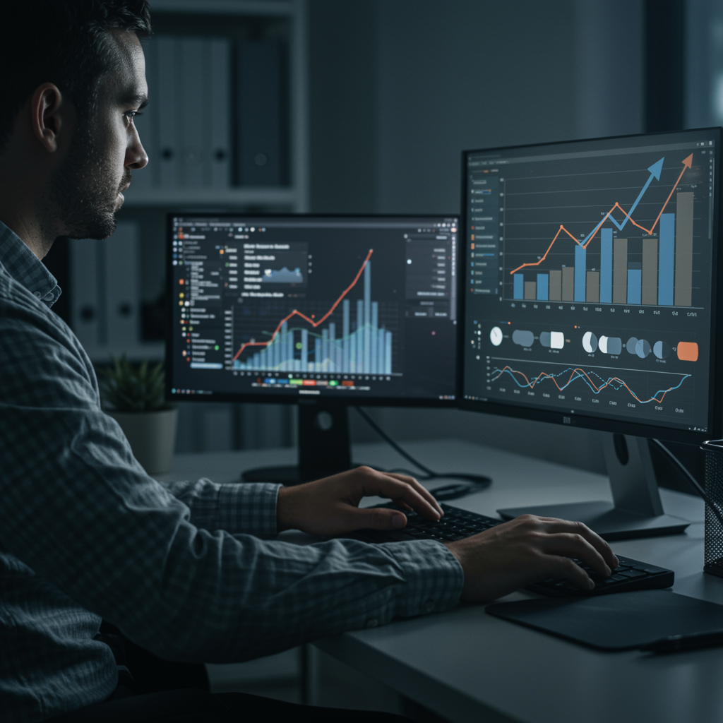 "Analista SEO en oficina digital trabajando con herramientas de investigación de palabras clave y gráficos de posicionamiento en motores de búsqueda en un entorno profesional."
