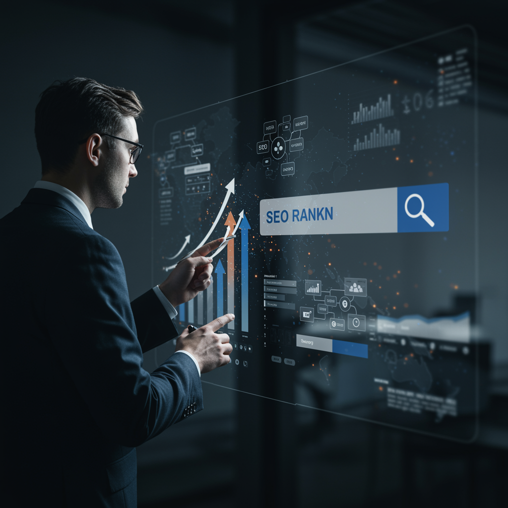 "Experto en SEO analizando resultados de búsqueda en una pantalla digital, con flechas de ranking en alza y nubes de palabras clave, reflejando estrategias efectivas para el crecimiento empresarial."