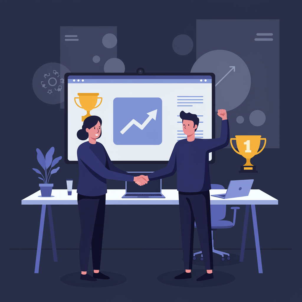 "Ilustración minimalista de un fundador de startup y un consultor de marketing digital celebrando un éxito con un trofeo y un gráfico ascendente en un entorno de oficina moderna."
