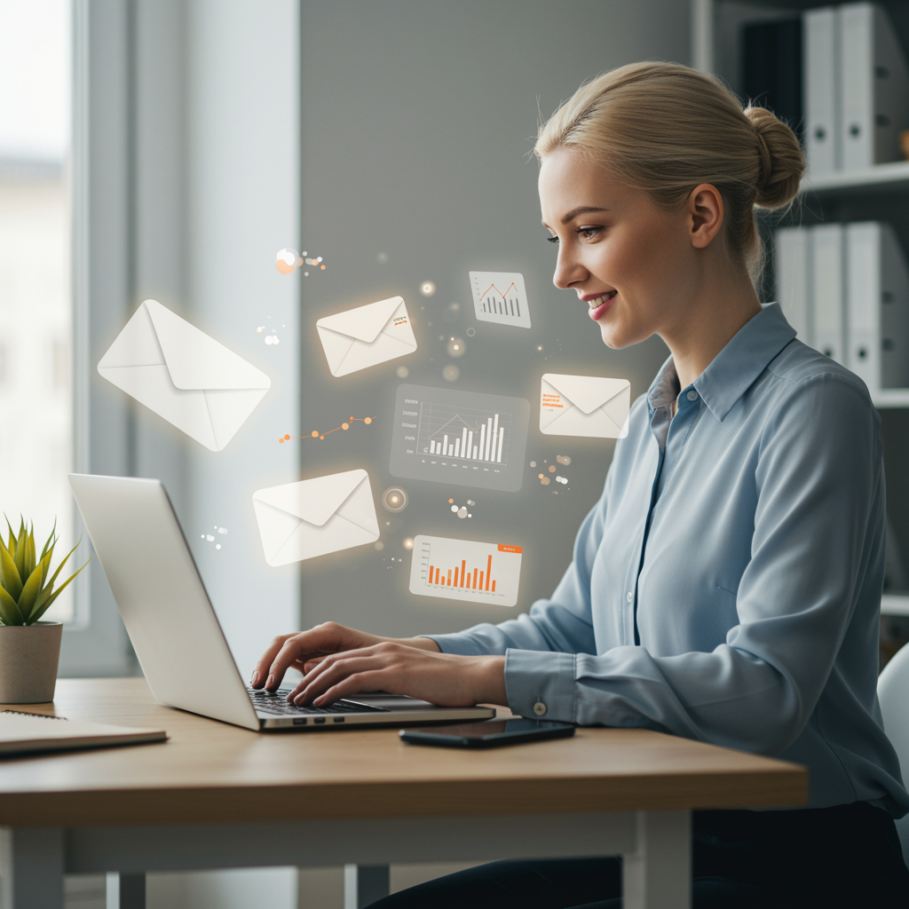 "Especialista en marketing digital trabajando en email marketing con gráficos de tasas de apertura y clic en un entorno moderno y luminoso."