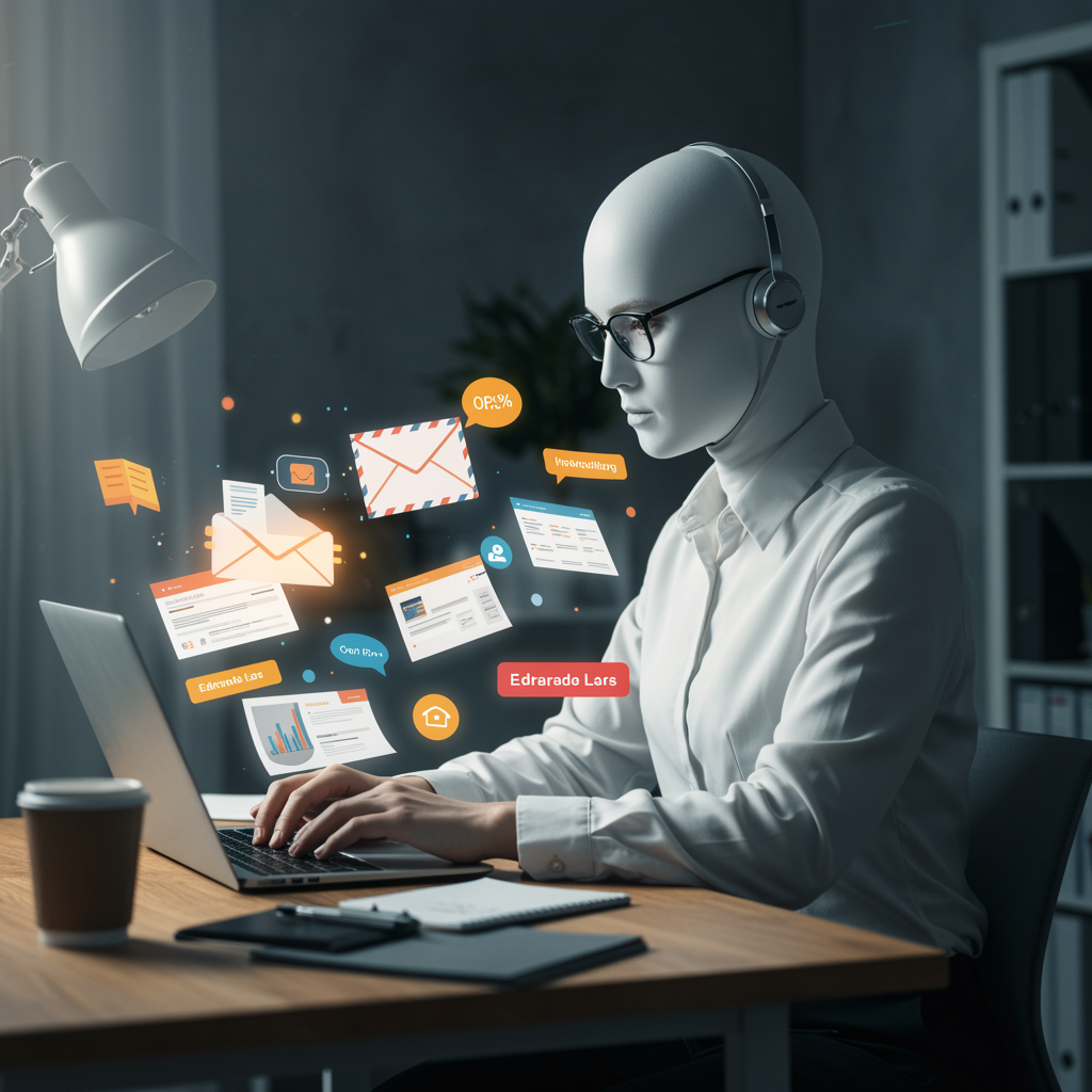 "Especialista en email marketing blanco creando una campaña en laptop, rodeada de gráficos de tasas de apertura y botones de llamada a la acción, ilustrando estrategias personalizadas y enfocadas en la conversión por Eduarda La2."