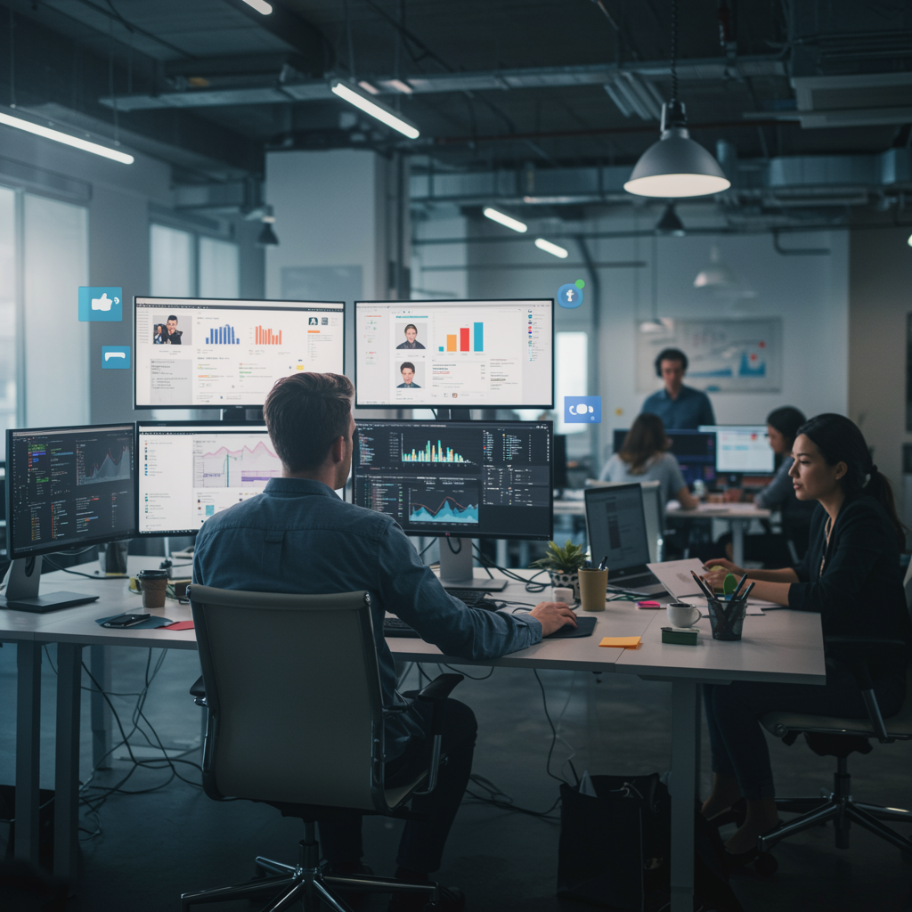 "Comunidad gestionada por un community manager en oficina moderna, rodeado de pantallas con métricas de redes sociales y un equipo colaborando."