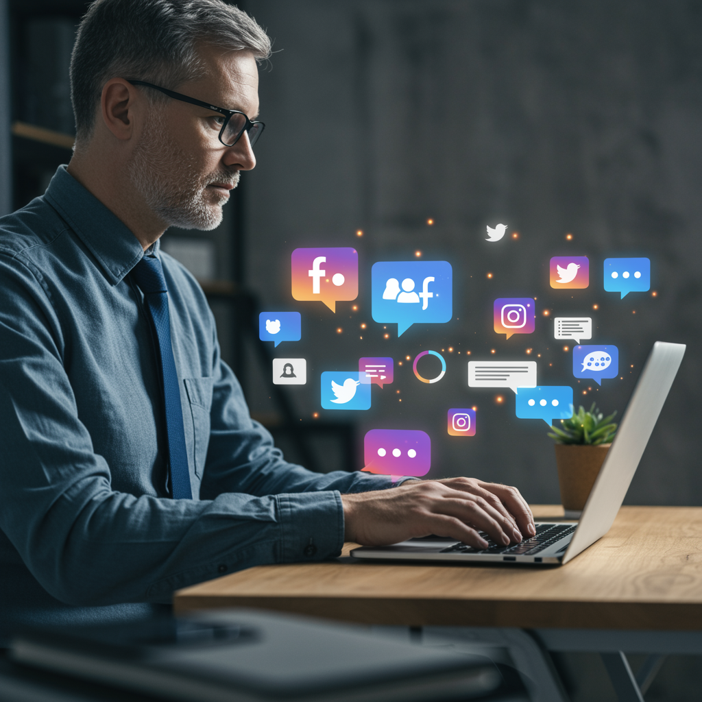 "Comunidad manager trabajando en oficina moderna, rodeado de íconos de redes sociales y métricas de compromiso en pantalla."