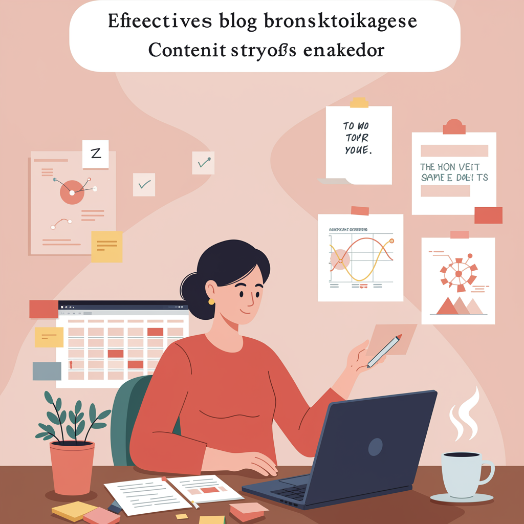 "Ilustración vectorial de una estratega de contenido femenina en su escritorio, ideando estrategias de blogs con notas adhesivas y un calendario de contenido, ideal para startups."